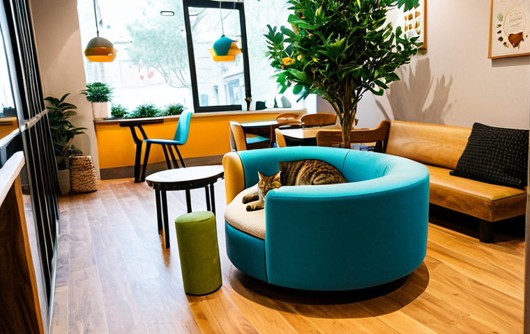 Cat Cafe Serenity**
"A cozy and inviting cat cafe interior, filled with comfortable chairs and playful cat trees. Patrons are fully clothed in modest, everyday attire, gently interacting with relaxed and happy cats. Soft, warm lighting creates a peaceful atmosphere. Safe for work, appropriate content, fully clothed, family-friendly, perfect anatomy, natural proportions, professional photography, high quality."
**